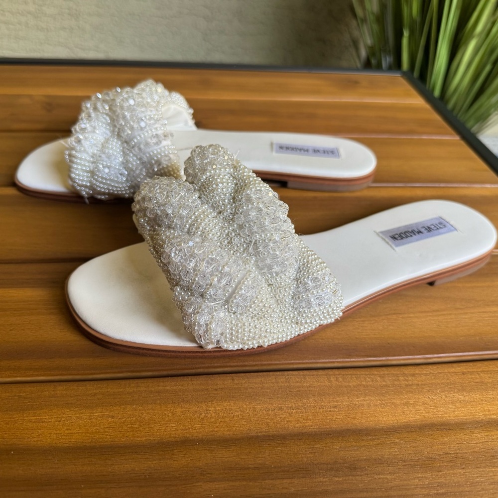 Steve Madden Women's White Beaded Slide Sandals - Picture 2 of 6